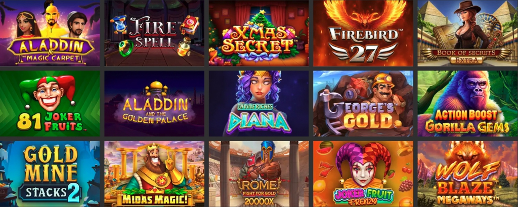 Casino games grid showing Aladdin and the Magic Carpet, Fire Spell, Xmas Secret, Firebird 27, Book of Secrets Extra, 81 Joker Fruits, Aladding and the Golden Palace, Divine Riches Diana, George’s Gold, Action Boost Gorilla Gems, Gold Mine Stacks 2, Mida’s magic. Rome Fight for Gold 20000X, Joker Fruit Frenzy, Wolf Blaze Megaways
