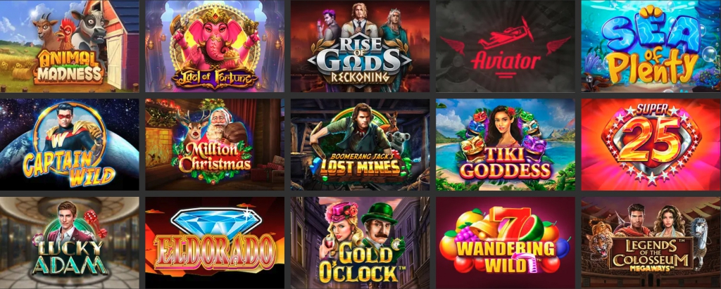 Casino games grid including Animal Madness, Idol of Fortune, Rise of Gods Reckoning, Aviator, Sea of Plenty, Captain Wild, Million Christmas, Boomerang Jack’s Lost Mines, Tiki Goddess, Super 25, Lucky Adam, Eldorado, Gold O’clock, 7 Wandering Wild, Legends of the Colosseum Megaways