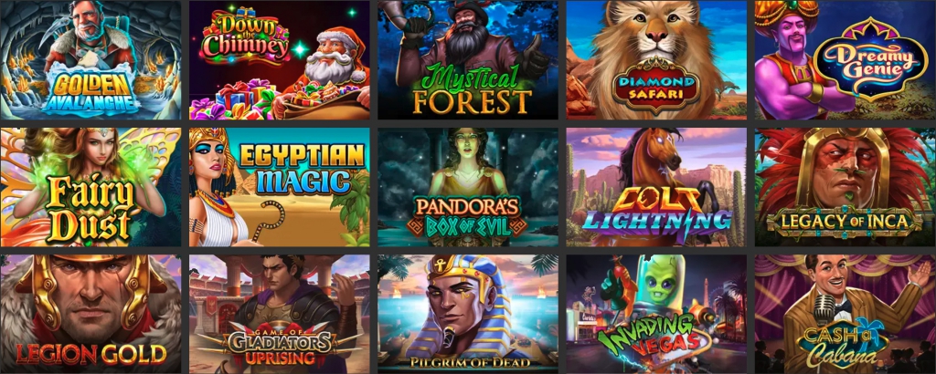 Showing casino games for slot Golden Avalanche, Down the Chimney, Mystical Forest, Diamond Safari, Dreamy Genie, Fairy Dust, Egyptian Magic, Pandora’s Box of Evil, Colt Lightning, Legacy of Inca, Legion Gold, Game of Gladiators Uprising, Pilgrim of Dead, Invading Vegas, Cash a Cabana