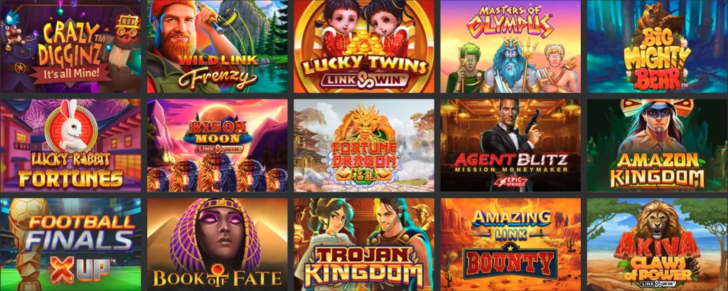 cuadrícula de juegos de casino Crazy Digginz, Wild Link Frenzy, Lucky Twins, Link & Win, Masters of Olympus, Big Mighty Bear, Lucky Rabbit Fortunes, Bison Moon Link & Win, Fortune Dragon, Agent Blitz Mission Moneymaker, Amazon Kingdom, Football Finals, Book of Fate, Trojan Kingdom, Amazing Link Bounty, Akiva Claws of Power
