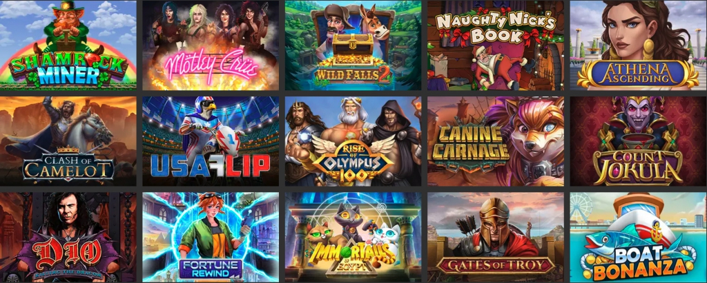 cuadrícula de juegos de casino Shamrock Miner, Motley Crue, Wild Falls, Naughty Nick’s Book, Athena Ascending, Clash of Camelot, USA Flip, Rise of Olympus 100, Canine Carnage, Count Jokula, Dio Killing the Dragon, Fortune Rewind, Immortails, Gates of Troy, Boat Bonanza